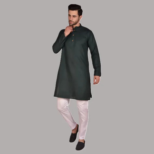 Men's_Dark_Green_Cotton_Kurta_With_White_Pajama_Set_-_Ethnic_Wear_For_Festive_Occasions