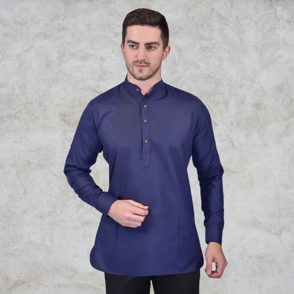 Men's_Navy_Blue_Cotton_Short_Kurta_With_Mandarin_Collar