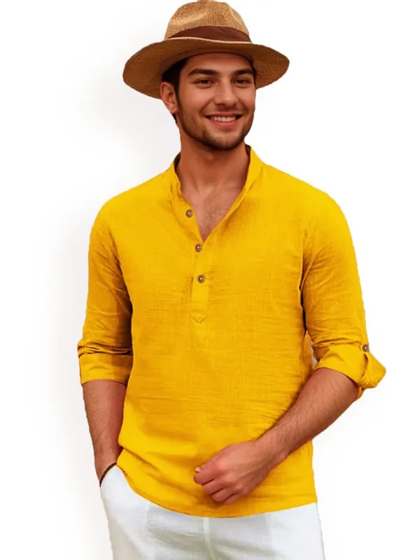 Men's_Yellow_Cotton_Linen_Long_Sleeve_Shirt