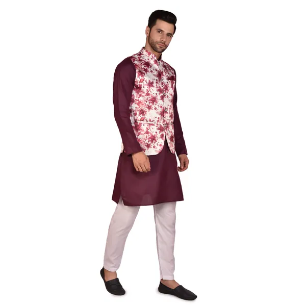 Men's_Maroon_Kurta_With_Floral_Printed_Nehru_Jacket_And_White_Churidar_Set