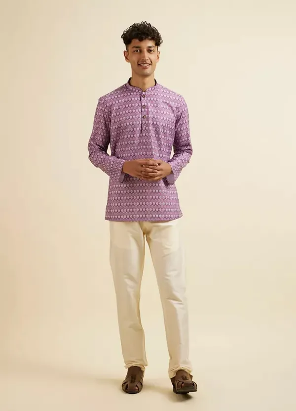 Purple_Printed_Cotton_Short_Kurta_For_Men