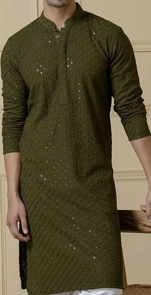 Men's_Olive_Green_Embroidered_Kurta_With_Mirror_Work