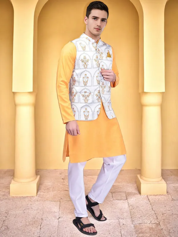 Men's_White_Printed_Nehru_Jacket_With_Yellow_Kurta_And_White_Churidar_Set