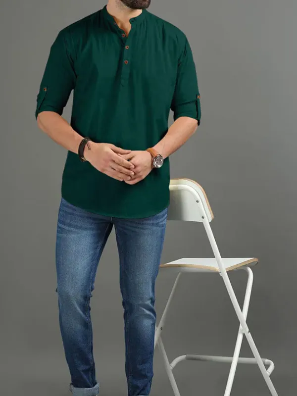 Men's_Bottle_Green_Short_Kurta_With_Mandarin_Collar