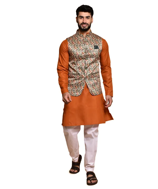 Orange_Kurta_With_Floral_Print_Nehru_Jacket_And_White_Churidar_Set