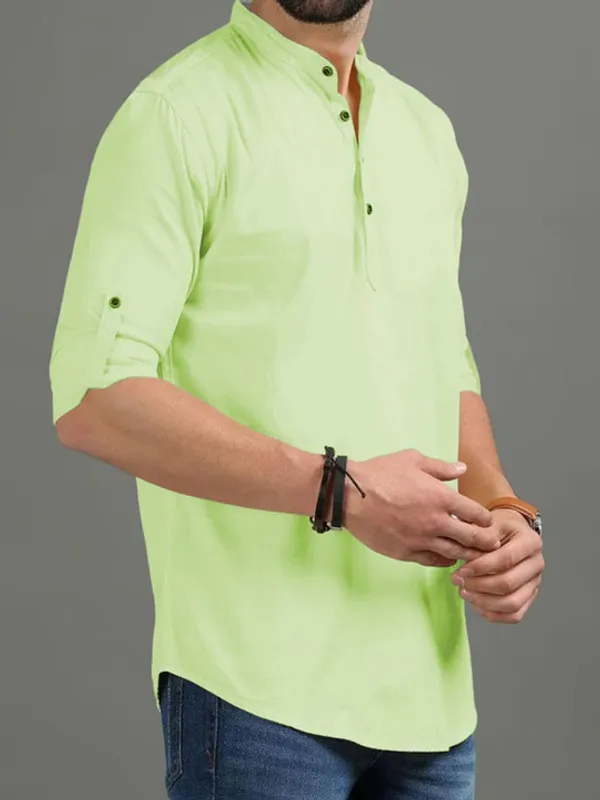 Men'S_Light_Green_Cotton_Short_Kurta_With_Mandarin_Collar