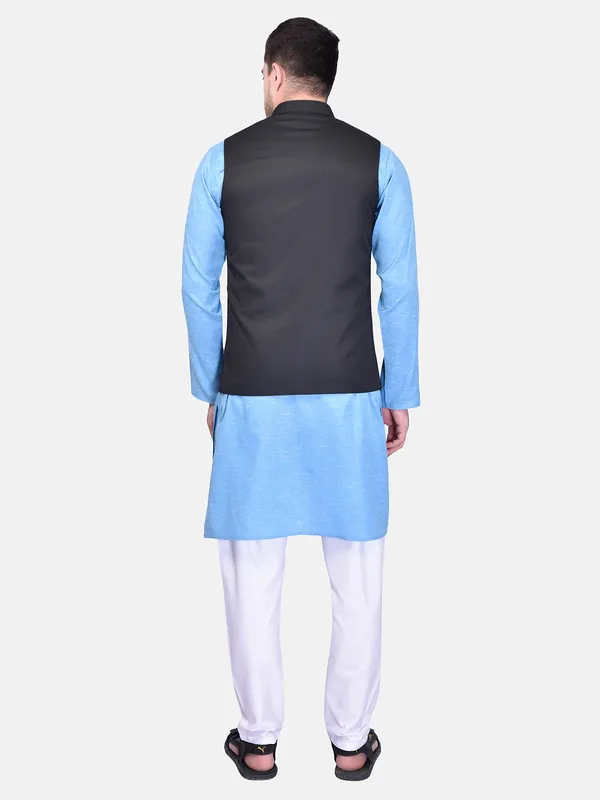 Men's_Ethnic_Kurta_Pajama_With_Nehru_Jacket_Set_-_Blue_And_Black