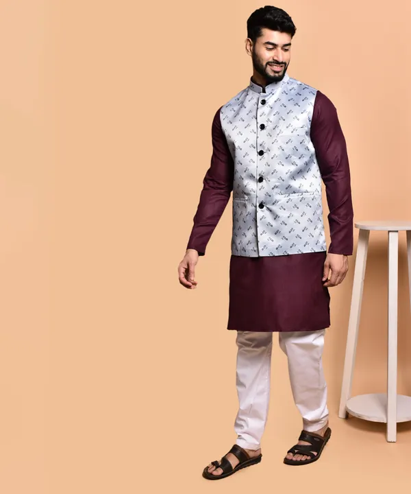 Men's_Ethnic_Kurta_Pajama_Set_With_Printed_Nehru_Jacket_-_Maroon_&_White