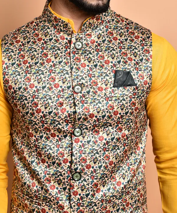 Yellow_Kurta_With_Floral_Printed_Nehru_Jacket_Set_For_Men