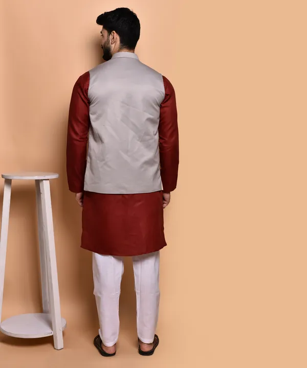 Men's_Ethnic_Nehru_Jacket_Set_-_Grey_&_Maroon_Kurta_With_White_Churidar