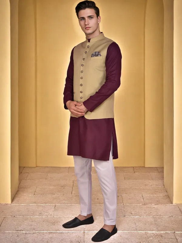 Beige_Nehru_Jacket_With_Maroon_Kurta_Pajama_Set_For_Men