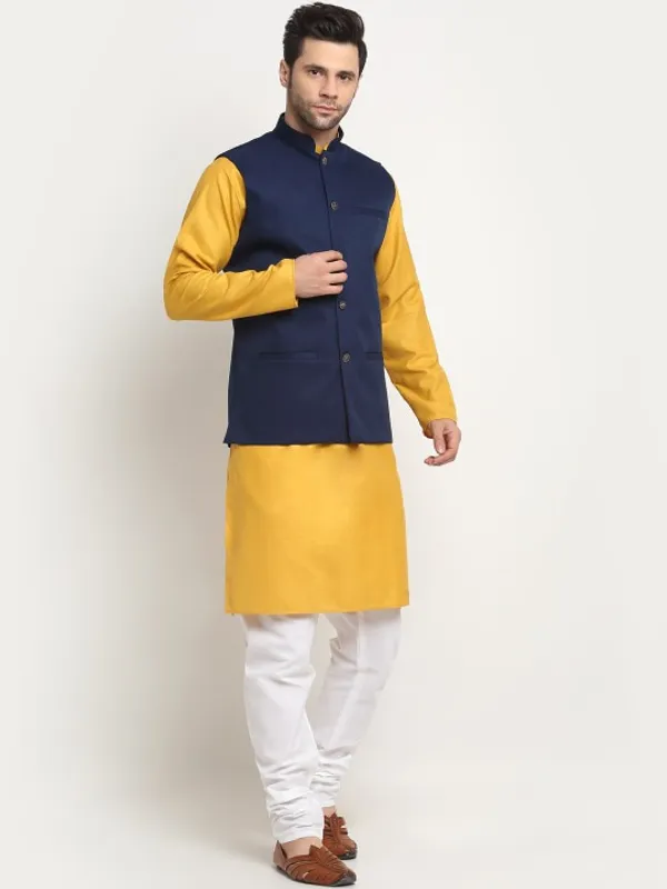 Men's_Yellow_Kurta_With_Navy_Blue_Nehru_Jacket_And_White_Churidar_Set