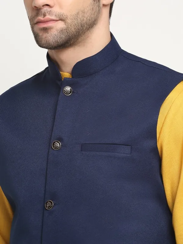 Men's_Yellow_Kurta_With_Navy_Blue_Nehru_Jacket_And_White_Churidar_Set