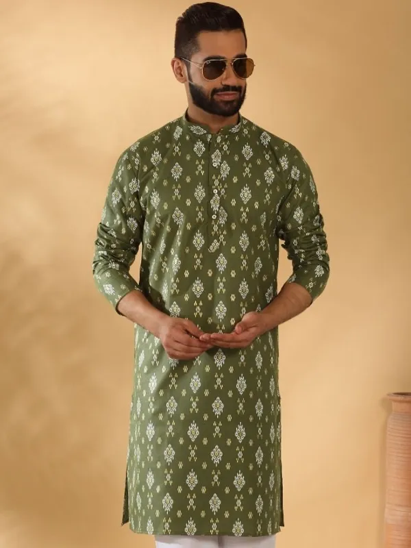 Men's_Olive_Green_Ethnic_Kurta_With_Geometric_Print