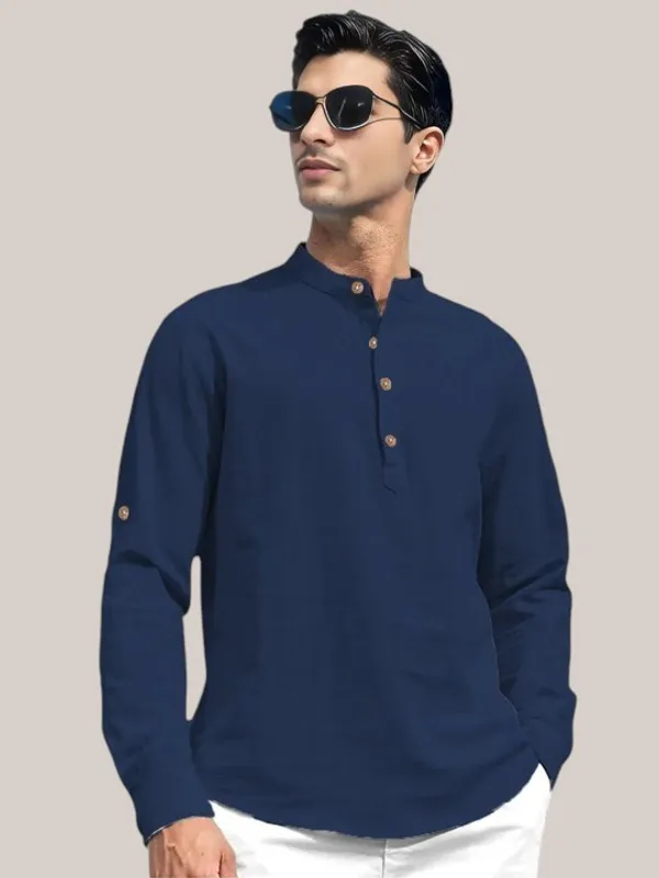 Men's_Navy_Blue_Cotton_Linen_Kurta_With_Mandarin_Collar