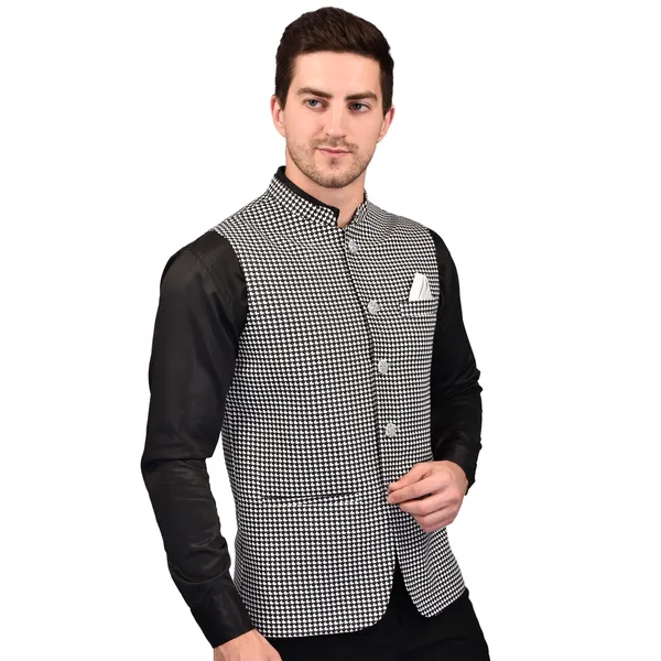 Men's_Black_And_White_Houndstooth_Nehru_Jacket_With_Pocket_Square