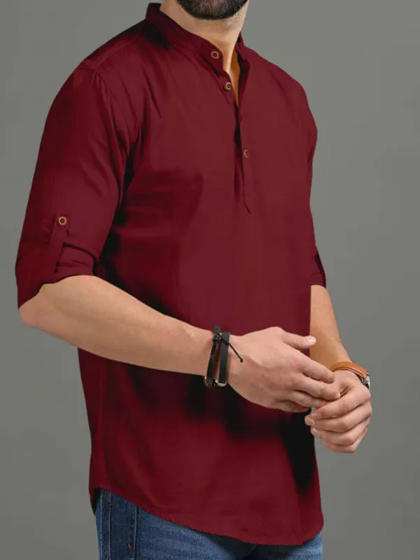 Men's_Maroon_Short_Kurta_With_Band_Collar_And_Roll-Up_Sleeves