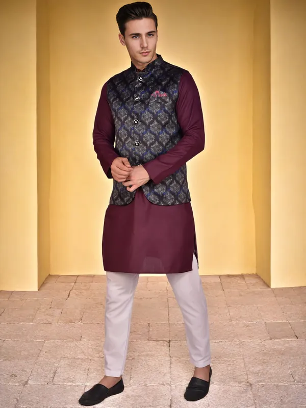 Men's_Maroon_Kurta_With_Printed_Nehru_Jacket_And_White_Churidar_Set