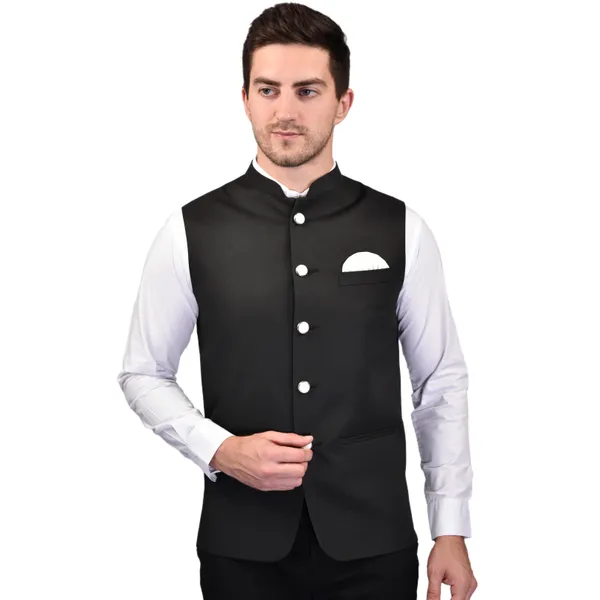 Men's_Black_Nehru_Jacket_With_White_Buttons_And_Pocket_Square