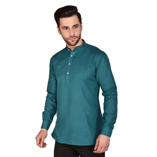 Men's_Teal_Blue_Short_Kurta_With_Mandarin_Collar