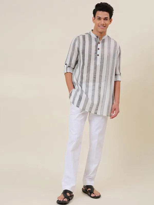 Men's_White_And_Grey_Vertical_Striped_Mandarin_Collar_Short_Kurta_With_White_Pants