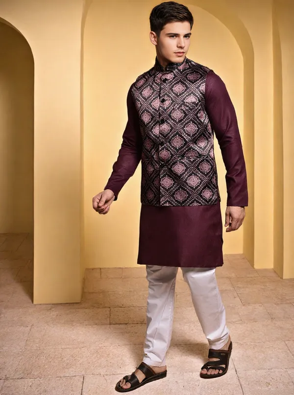 Men's_Maroon_Kurta_With_Printed_Nehru_Jacket_And_White_Pajama_Set