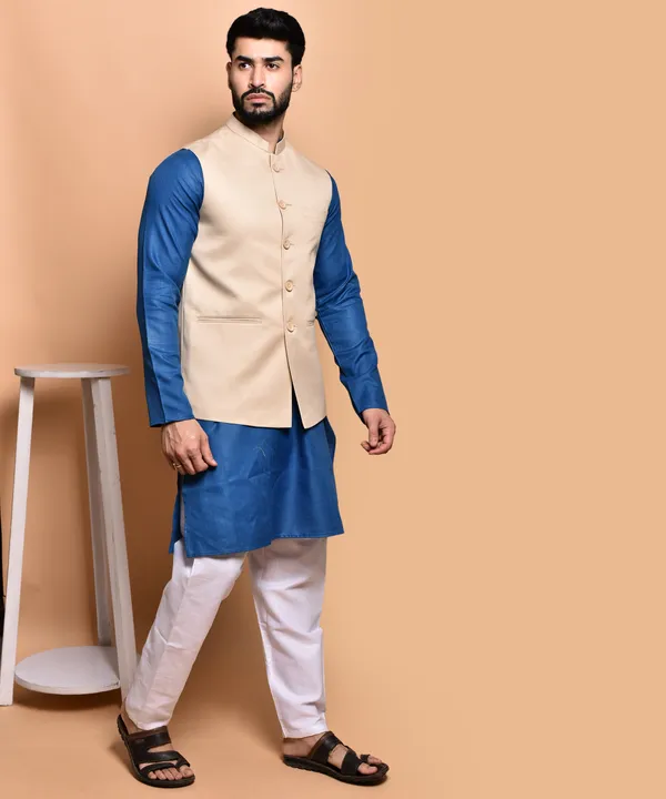 Men's_Blue_Kurta_Pajama_With_Beige_Nehru_Jacket_Set_-_Traditional_Indian_Ethnic_Wear