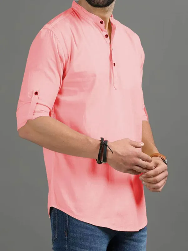 Men's_Pink_Band_Collar_Cotton_Shirt_With_Roll-Up_Sleeves
