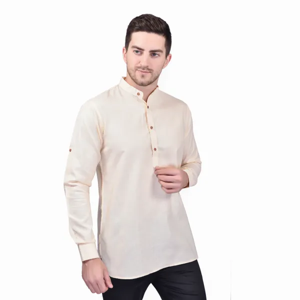 Men's_Beige_Cotton_Short_Kurta_With_Mandarin_Collar