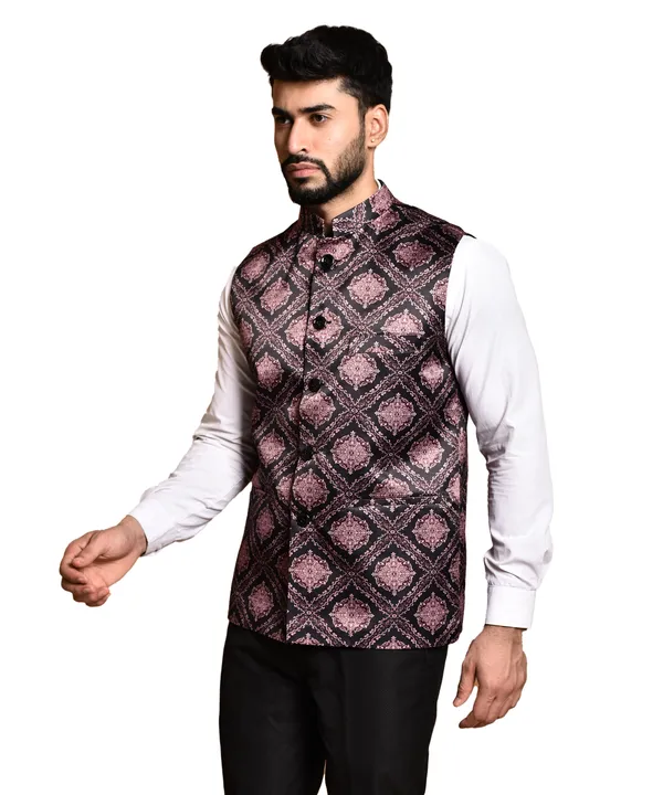 Men's_Ethnic_Nehru_Jacket_With_Printed_Geometric_Design_-_Pink_And_Black