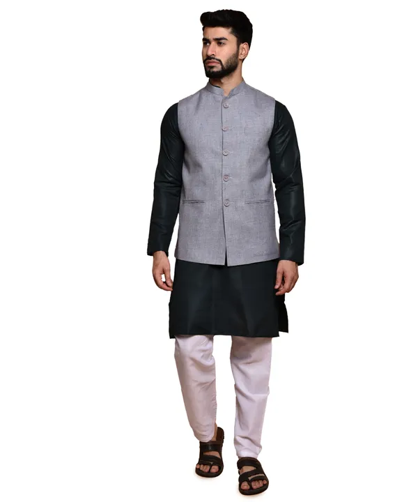 Men's_Grey_Nehru_Jacket_With_Black_Kurta_Pajama_Set_-_Ethnic_Formal_Wear