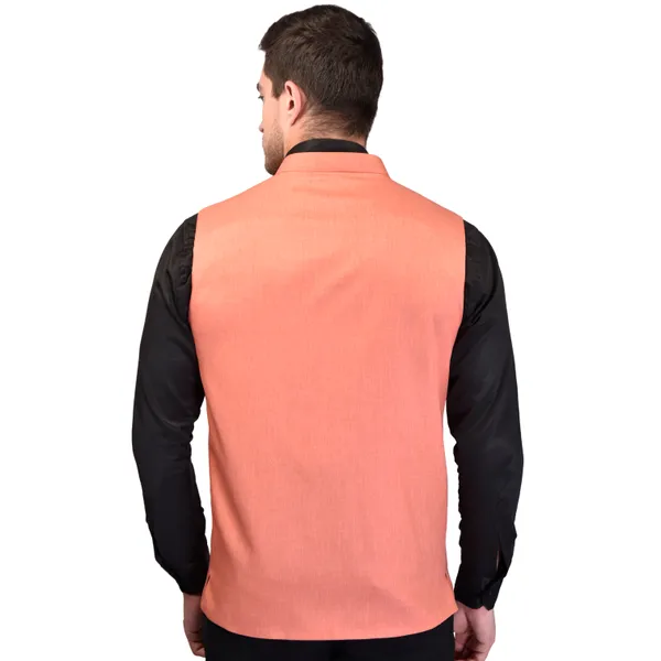 Peach_Nehru_Jacket_With_Black_Contrast_Collar_And_Pocket_Square