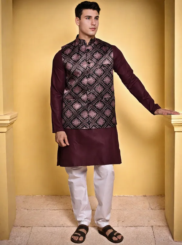 Men's_Maroon_Kurta_With_Printed_Nehru_Jacket_And_White_Pajama_Set