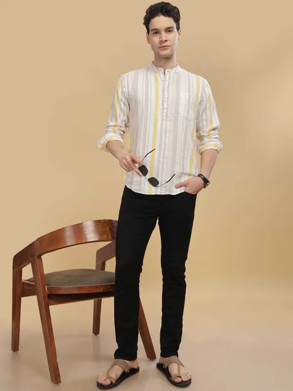 Men's_White_And_Yellow_Striped_Mandarin_Collar_Shirt_With_Button_Placket