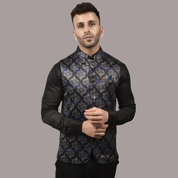 Men's_Ethnic_Nehru_Jacket_With_Floral_Brocade_Pattern_-_Black