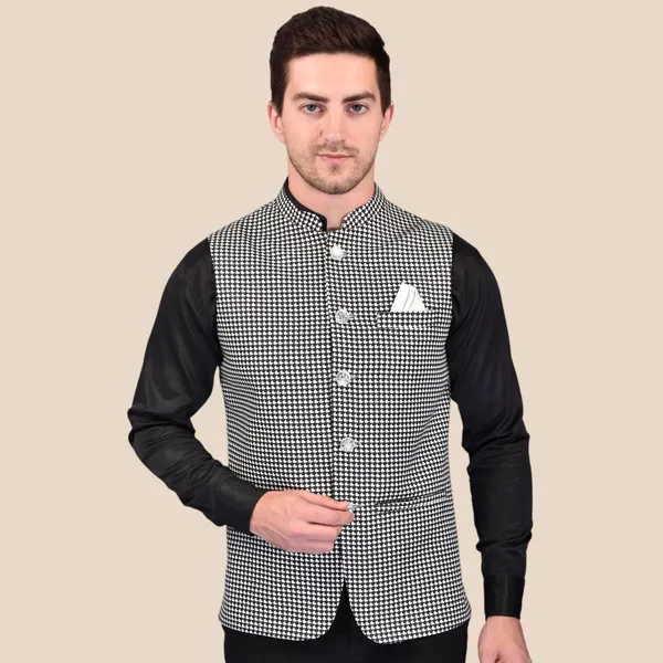 Men's_Black_And_White_Houndstooth_Nehru_Jacket_With_White_Pocket_Square