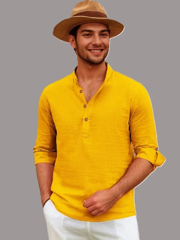 Men's_Yellow_Cotton_Linen_Long_Sleeve_Shirt