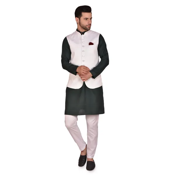Men's_Ethnic_Nehru_Jacket_Kurta_Set_-_White_Jacket_With_Green_Kurta_Pajama