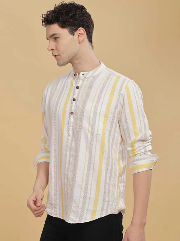 Men's_White_And_Yellow_Striped_Mandarin_Collar_Shirt_With_Button_Placket