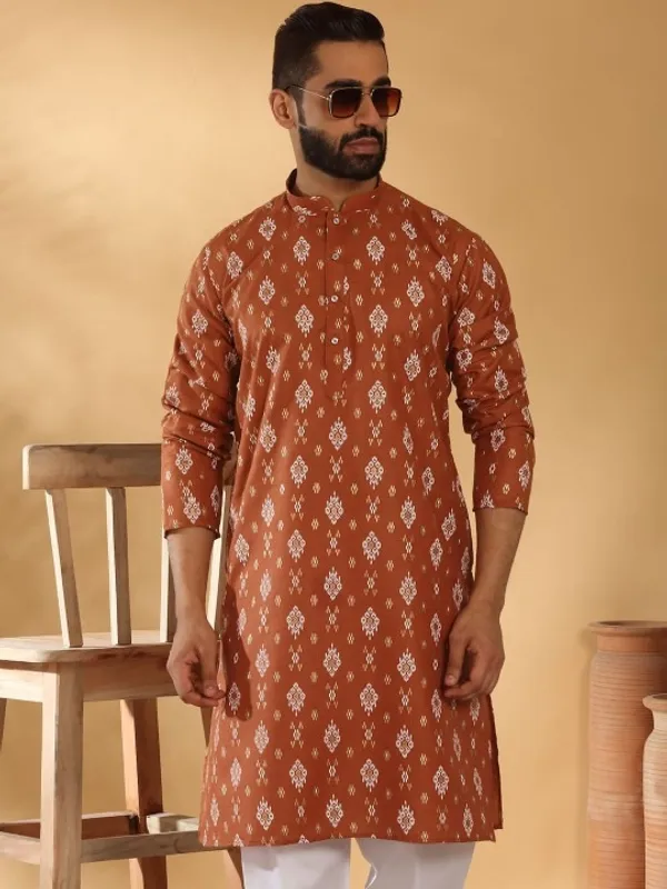 Men's_Rust_Orange_Ethnic_Kurta_With_Traditional_Ikat_Print