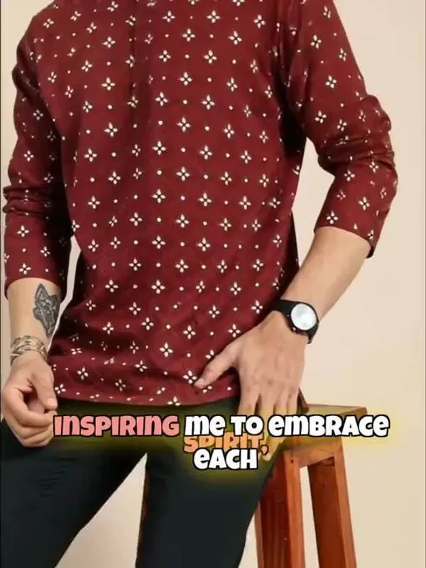 Men's_Maroon_Printed_Cotton_Short_Kurta