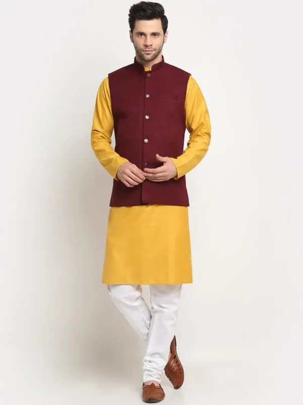 Men's_Ethnic_Kurta_Pajama_With_Nehru_Jacket_Set_-_Mustard_Yellow_And_Maroon