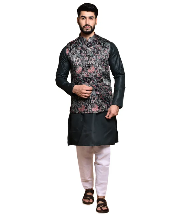 Men's_Black_Kurta_With_Floral_Print_Nehru_Jacket_And_White_Churidar_Set