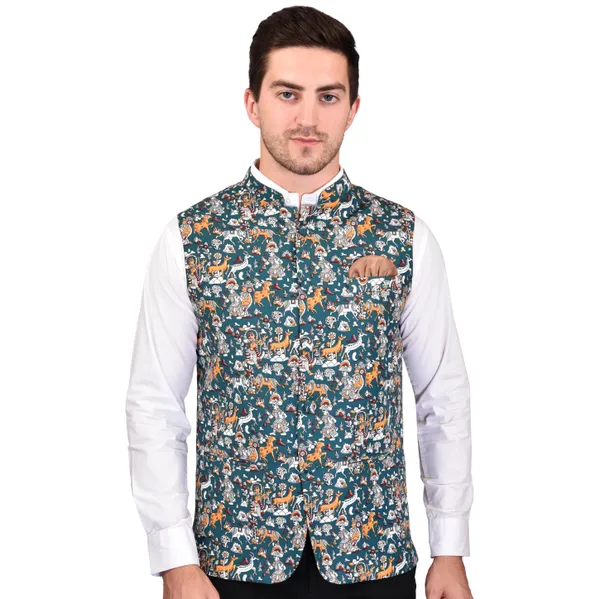 Men's_Floral_Printed_Nehru_Jacket_-_Teal_Blue_With_Multi-Color_Print