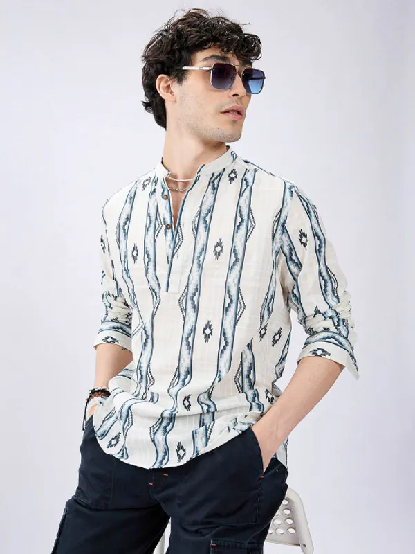 Men's_White_&_Blue_Aztec_Print_Long_Sleeve_Casual_Shirt