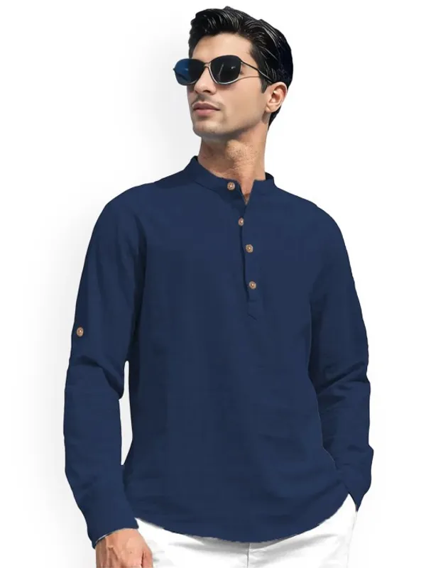 Men's_Navy_Blue_Cotton_Linen_Mandarin_Collar_Casual_Shirt