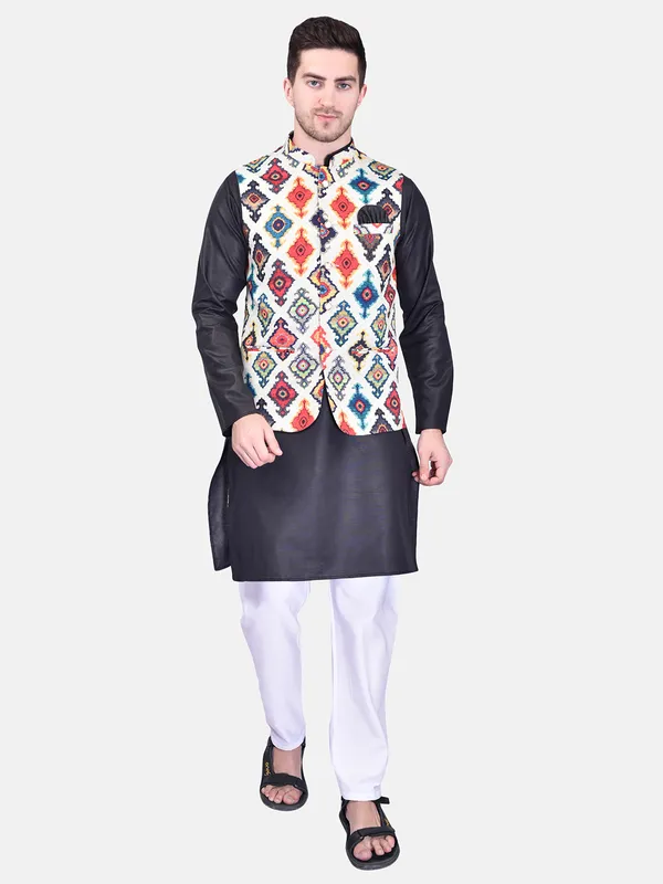 Men's_Black_Kurta_With_Multicolor_Printed_Nehru_Jacket_And_White_Pajama_Set