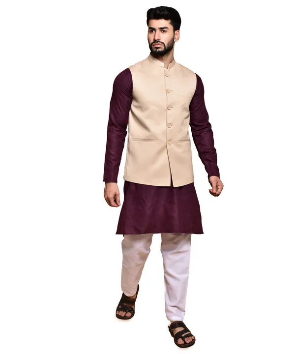 Men's_Ethnic_Nehru_Jacket_Set_-_Beige_Waistcoat_With_Maroon_Kurta_And_White_Pajama