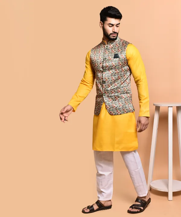 Yellow_Kurta_With_Floral_Printed_Nehru_Jacket_Set_For_Men