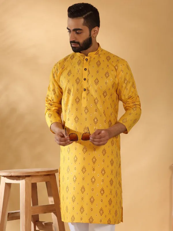 Men's_Yellow_Printed_Cotton_Kurta